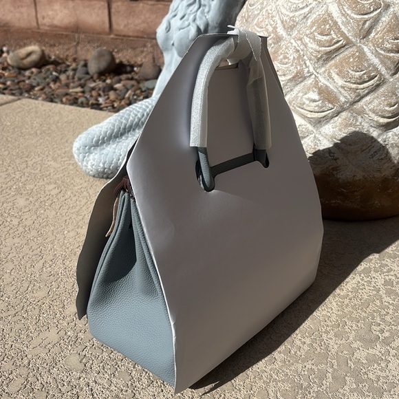 Light Blue Leather Handbag Satchel Gold Tone Hardware Double Handles NEW - Picture 3 of 13